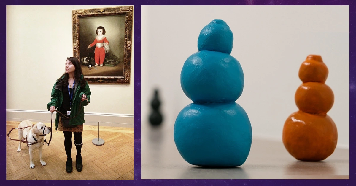 Sculptures of Kong dog toys displayed on a plinth alongside a portrait of artist and her service dog, honoring their bond.