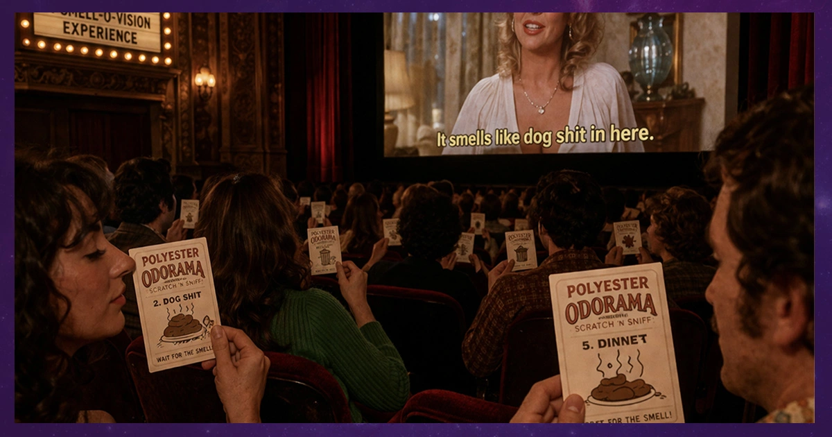 Audience using scratch-and-sniff Odorama cards during a Polyester (1981) film screening.
