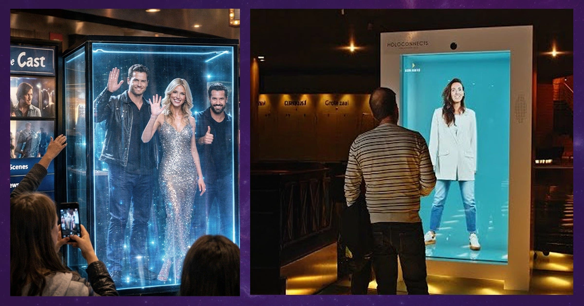 Fans interacting with hologram cast at a film premiere using interactive cinema screens and displays.