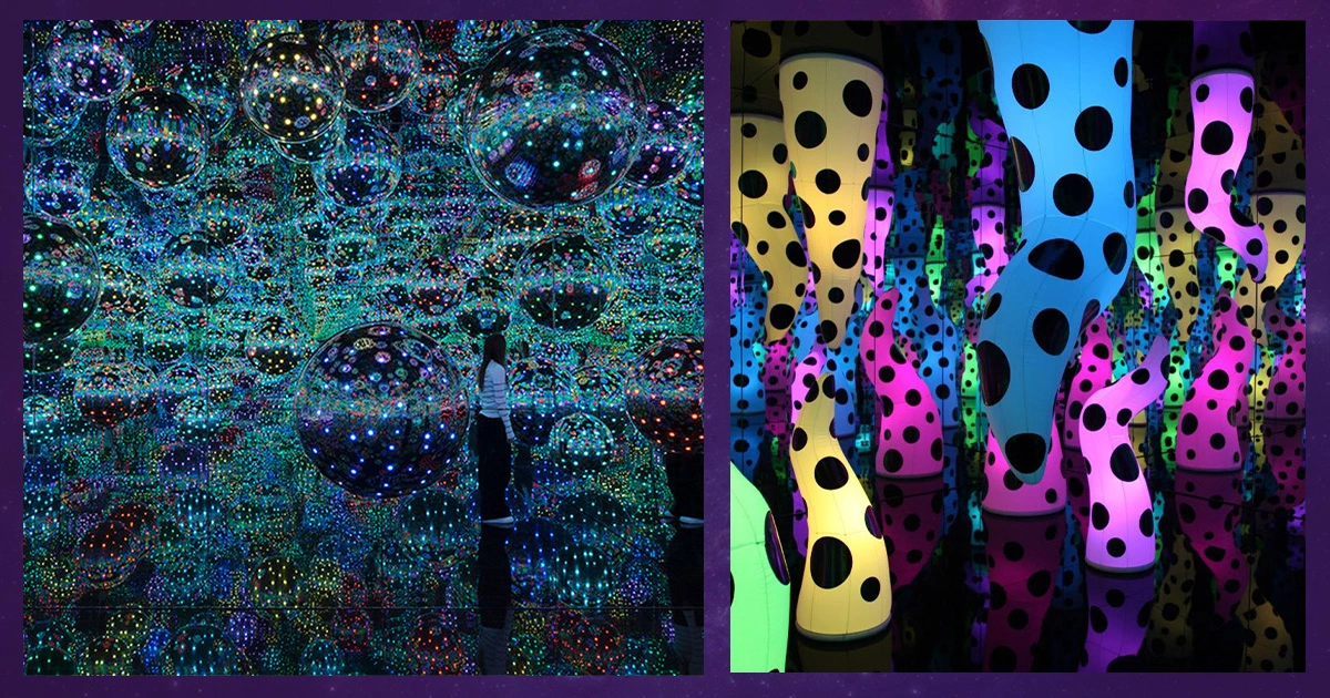 Yayoi Kusama's infinity mirror room with endless reflections and polka dots, exploring infinity and self-obliteration.