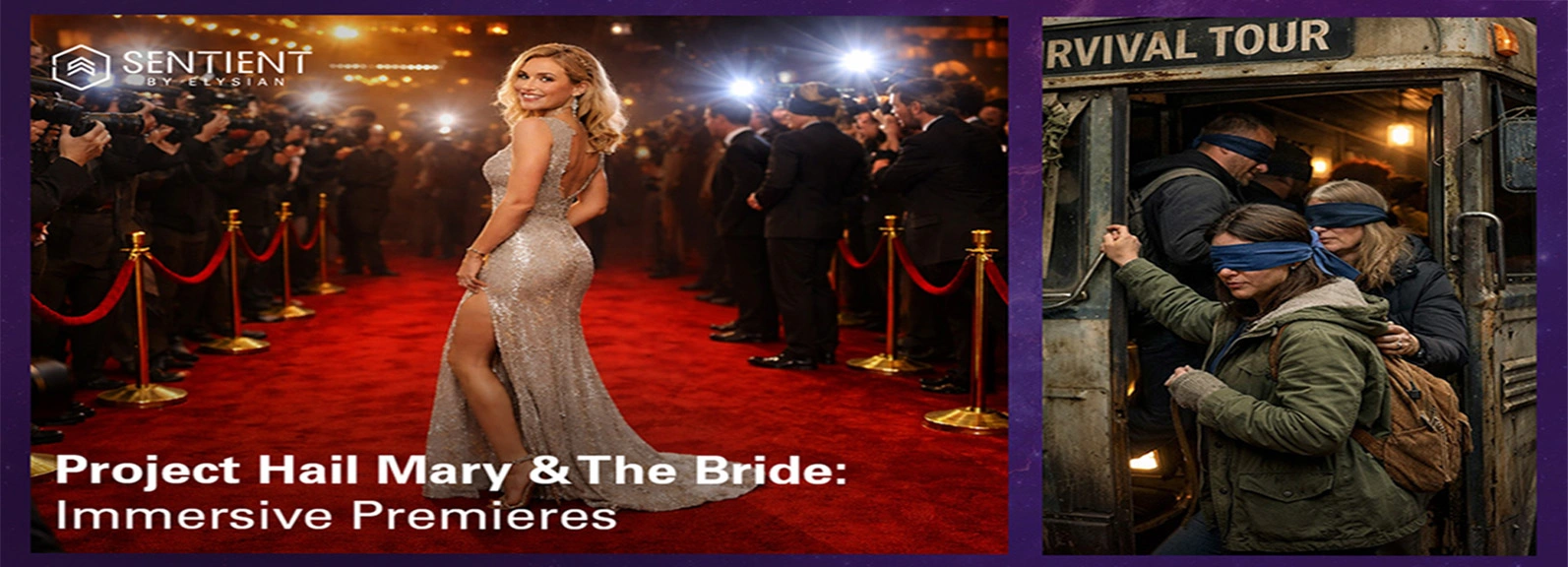 Fans blindfolded enter a bus for an immersive Bird Box experience, contrasted with red-carpet glamour.