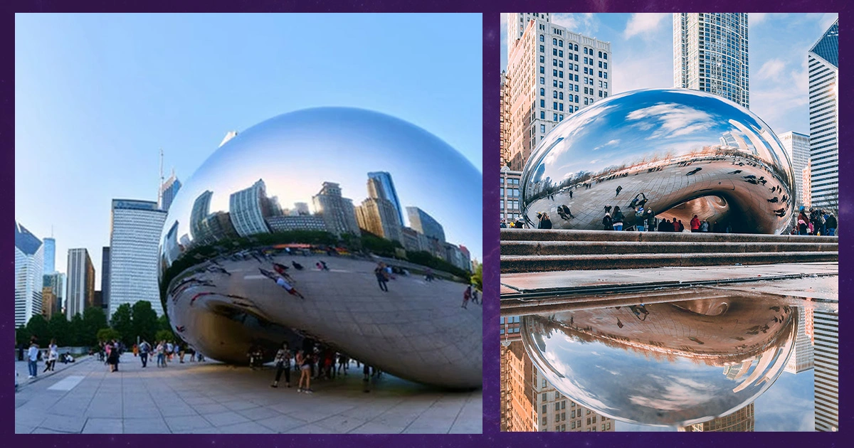 Anish Kapoor’s Cloud Gate reflecting Chicago skyline and visitors, exploring perception, space, and immersive experience.