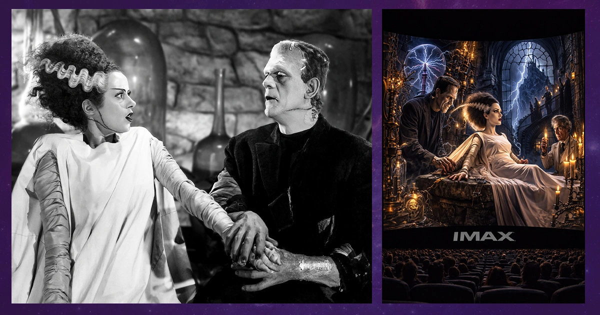 IMAX cinematic experience of The Bride with gothic Frankenstein-inspired visuals in the theater.