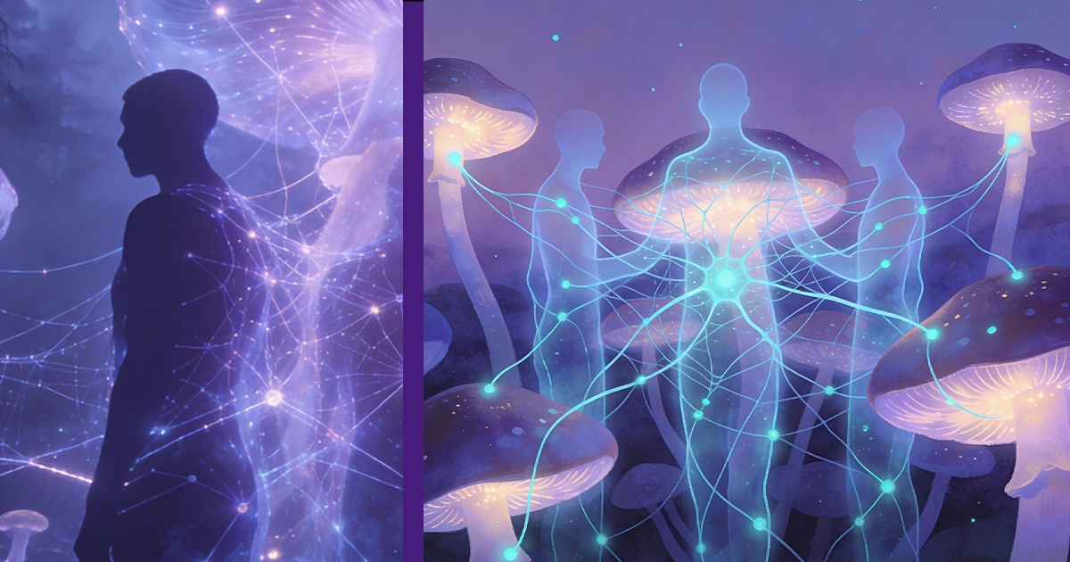 Fungi, AI, and humans interconnect, reflecting shared authorship and ethical questions in evolving living media systems.