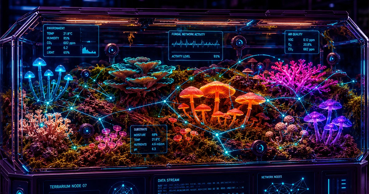 Different fungi types connect with sensors and AI visuals, showing a living system reacting to real-time conditions.