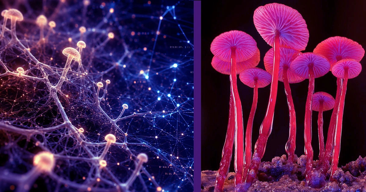 Mycelium-like network merges with AI nodes, showing a living system of organic growth and distributed intelligence.