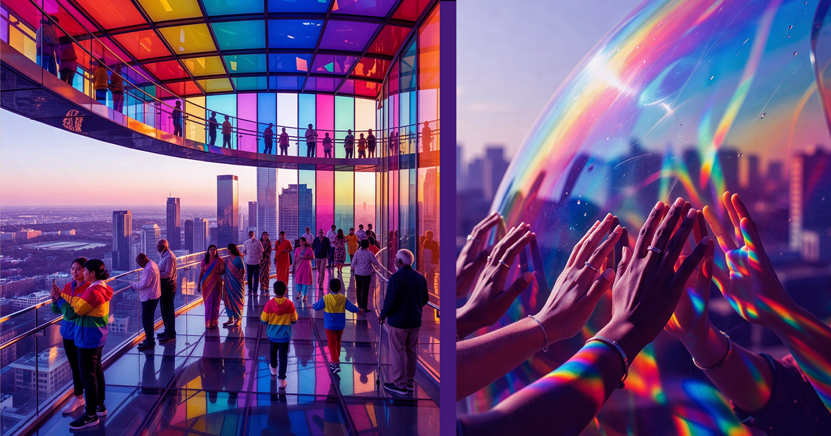 Visitors explore Your Rainbow Panorama, viewing the city through vibrant colored glass that transforms perception.