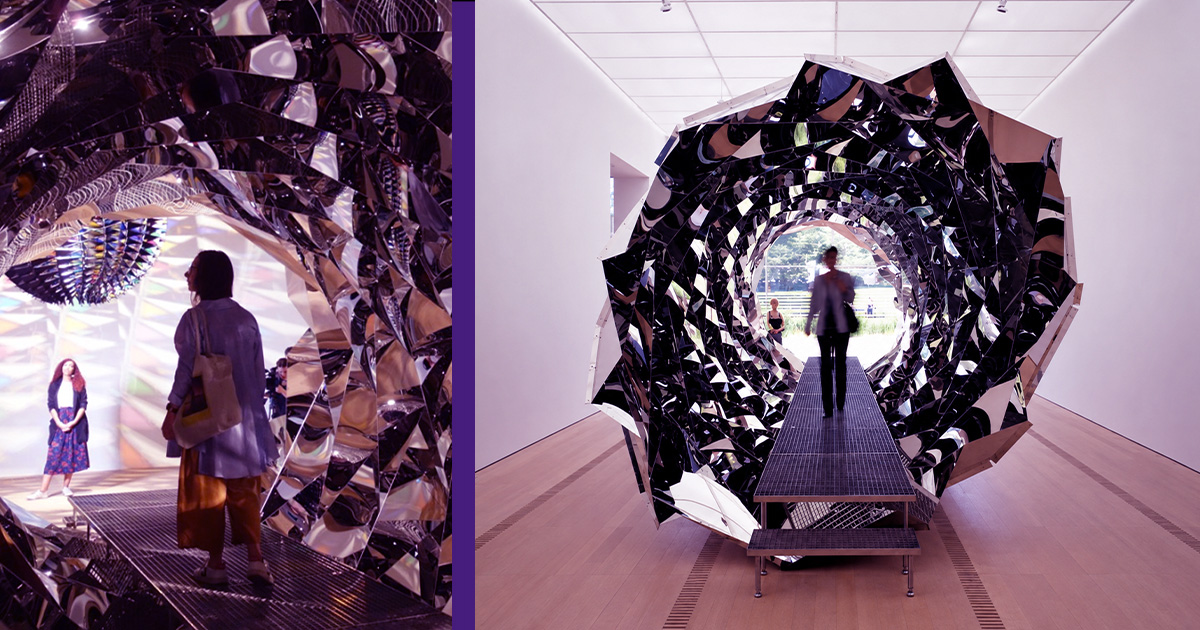 A rainbow emerges from illuminated mist in Olafur Eliasson's Beauty, creating a simple yet immersive sensory experience.