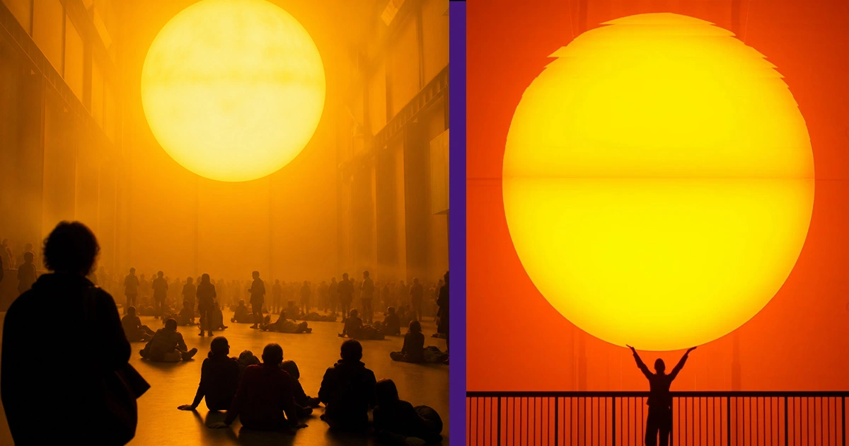 Visitors gather beneath a glowing artificial sun in Olafur Eliasson's The Weather Project, creating a shared immersive experience.