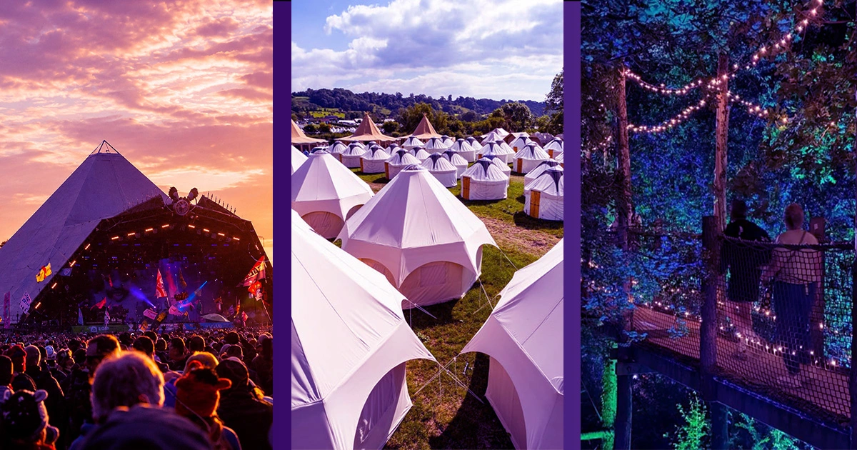 The Glastonbury Festival site transformed into a temporary city with stages, camping areas, pathways, and event infrastructure across Worthy Farm. 