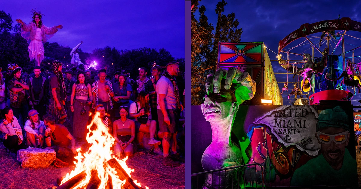 Festivalgoers experiencing Glastonbury's immersive nighttime atmosphere, where lighting, art installations, and stage design create a memorable shared experience.  