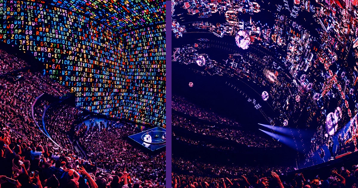 Audience inside Sphere Las Vegas surrounded by immersive floor-to-ceiling digital visuals during a live performance