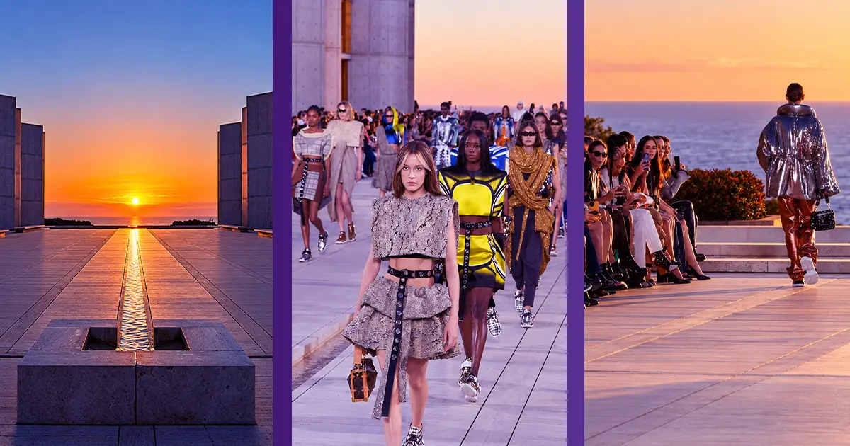Aerial footage of Louis Vuitton Cruise 2023 at the Salk Institute, capturing the runway, Brutalist courtyard and Pacific coastline for global broadcast.