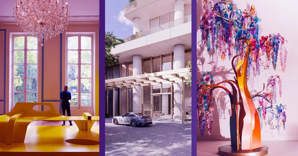 Collage featuring Range Rover Gallery 2026, Fouquet's Hotel & Residences Miami, and Maison Perrier-Jouët, highlighting how luxury brands use craftsmanship, architecture, artistic expression, and immersive experiences to communicate their identities at Design Miami Paris 2026.