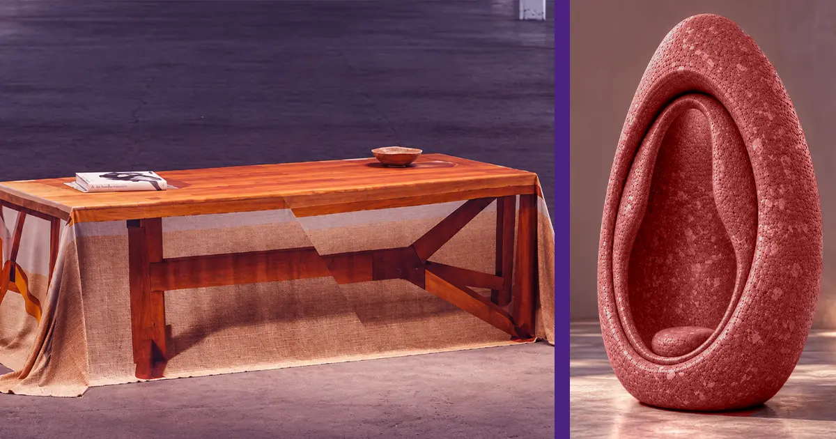 Collage featuring Friul Mosaic's La Plus Belle Matrice and Jordan Roth's To Think of the Tranquil Life of Things, highlighting how mosaic craftsmanship, sculptural furniture, and material expression explore storytelling beyond traditional design.