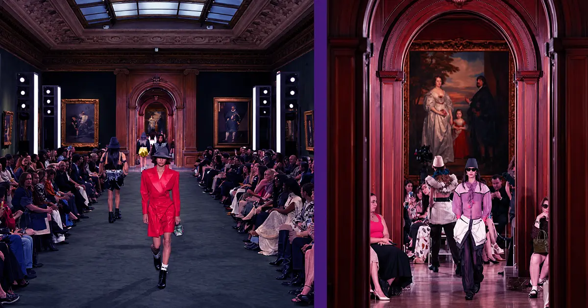 Temporary runway staging and architectural lighting integrated into a historic venue for a Louis Vuitton Cruise fashion presentation.